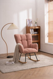 Matteo Mid Century Modern Pink Teddy Fabric Rocking Chair With Ergonomic Padded Seat For Living Rooms - thumbnail 4