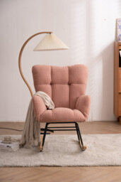 Matteo Mid Century Modern Pink Teddy Fabric Rocking Chair With Ergonomic Padded Seat For Living Rooms - thumbnail 3