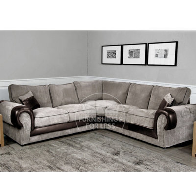 Furnishings For Less UK Large Portland  Brown And Beige Fabric And Leather 5 Seater L Shaped Corner Sofa Range Roll Arm Fullback - image 1