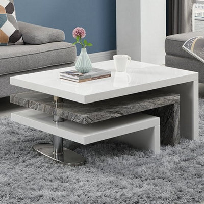Furniture in Fashion Design Rotating White Gloss Coffee Table In Melange Marble Effect - image 1
