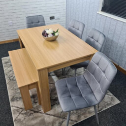 Kosy Koala Oak Effect Dining Table With 4 Grey Velvet Chairs And Bench Dining Room Furniture - thumbnail 5