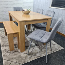 Kosy Koala Oak Effect Dining Table With 4 Grey Velvet Chairs And Bench Dining Room Furniture - thumbnail 3