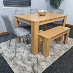 Kosy Koala Oak Effect Dining Table With 4 Grey Velvet Chairs And Bench Dining Room Furniture