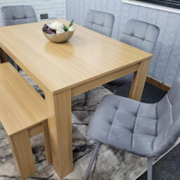 Kosy Koala Oak Effect Dining Table With 4 Grey Velvet Chairs And Bench Dining Room Furniture - thumbnail 9