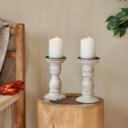 Natural Wood White Distressed Candle Holder 20Cmh -  Lighting - White Candlestick - thumbnail 3