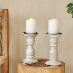 Natural Wood White Distressed Candle Holder 20Cmh -  Lighting - White Candlestick - thumbnail 4