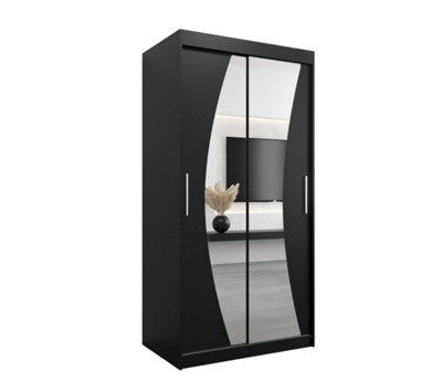 Arte Wave Contemporary 2 Mirrored Sliding Door Wardrobe 5 Shelves 2 Rails Black Matt (H)2000mm (W)1000mm (D)620mm - image 1