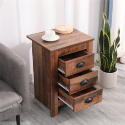 Furniturehmd 3 Drawer Bedside Table Wooden Organiser Unit Rustic Nightstand Bedside Cabinet - thumbnail 3