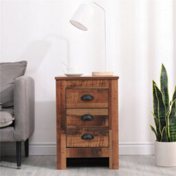 Furniturehmd 3 Drawer Bedside Table Wooden Organiser Unit Rustic Nightstand Bedside Cabinet - thumbnail 1