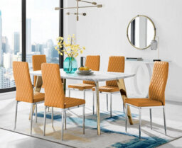 Furniturebox Uk Andria Gold Leg Marble Effect Dining Table And  6 Mustard Milan Chairs