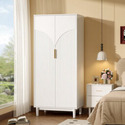 White & 76W X 48D X 172H Centimetres 2 Doors Wardrobe, Grille Wardrobes For Bedroom - thumbnail 1
