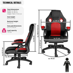 Tectake Gaming Chair Mike - Ergonomic Shape, Thick Padding, Stepless Height Adjustment - Black/red - thumbnail 6