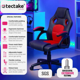 Tectake Gaming Chair Mike - Ergonomic Shape, Thick Padding, Stepless Height Adjustment - Black/red - thumbnail 2