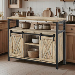 LEDREM Buffet Cabinet, Sideboard With Open Compartment, Sliding Barn Doors, 33 X 100 X 80 Cm, Turquoise Brown - thumbnail 2
