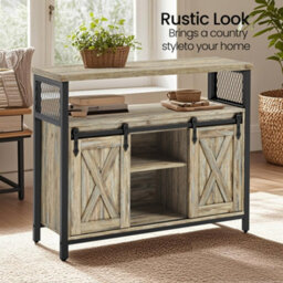 LEDREM Buffet Cabinet, Sideboard With Open Compartment, Sliding Barn Doors, 33 X 100 X 80 Cm, Turquoise Brown - thumbnail 3
