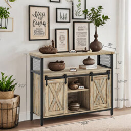 LEDREM Buffet Cabinet, Sideboard With Open Compartment, Sliding Barn Doors, 33 X 100 X 80 Cm, Turquoise Brown - thumbnail 4