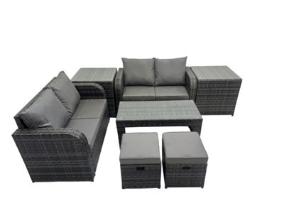 Fimous 3 Seater Sofa Reclining Chair Coffee Table Set Rattan Garden Furniture Set With 2 Side Tables 2 Small Stool Dark Grey Mixed - image 1
