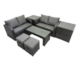 Fimous 3 Seater Sofa Reclining Chair Coffee Table Set Rattan Garden Furniture Set With 2 Side Tables 2 Small Stool Dark Grey Mixed - thumbnail 2
