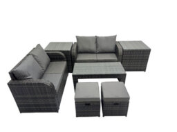 Fimous 3 Seater Sofa Reclining Chair Coffee Table Set Rattan Garden Furniture Set With 2 Side Tables 2 Small Stool Dark Grey Mixed - thumbnail 1