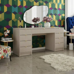 Writing Desk With Fluted Drawers Tireno Bis Sand Beige Laminated Mdf Metal Handles Modern Home Office Study Furniture - thumbnail 1