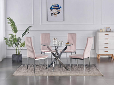 Furnizone UK Nexus 4-Seater 90Cm Round Clear Glass Dining Table And 4 Monza Pink Velvet Chairs - image 1