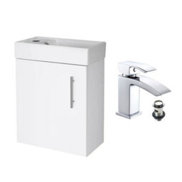 FNX Bathrooms Gloss White 400 Wall Hung Basin Sink Vanity Unit & Lucia Basin Tap - thumbnail 1