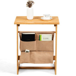 Gainoom Bamboo Sofa Side Table Snack End Table Laptop Desk U-Shaped Bedroom Reading Writing Desk W/ Storage Bag - thumbnail 3
