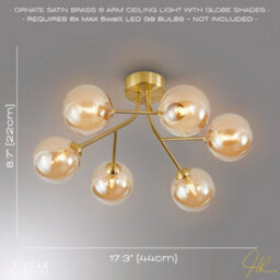 Happy Homewares Designer Satin Gold 6-Arm Ceiling Light Fixture With Amber Tinted Glass Shades - thumbnail 6