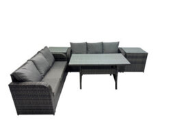 Fimous 6 Seat Outdoor Wicker Pe Rattan Garden Furniture Set Dining Table Sofa Set With 2 Side Tables Dark Grey Mixed - thumbnail 1