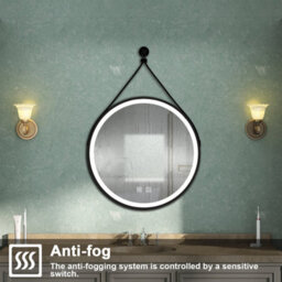 AVER-GROWTH Round Illuminated Bathroom Mirror With Led Lights 3 Colour Black Frame Leather Strap Anti-Fog Dimmable Touch/wall Switch 80Cm - thumbnail 3
