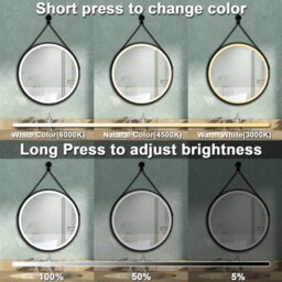 AVER-GROWTH Round Illuminated Bathroom Mirror With Led Lights 3 Colour Black Frame Leather Strap Anti-Fog Dimmable Touch/wall Switch 80Cm - thumbnail 2