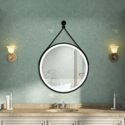 AVER-GROWTH Round Illuminated Bathroom Mirror With Led Lights 3 Colour Black Frame Leather Strap Anti-Fog Dimmable Touch/wall Switch 80Cm