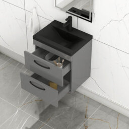 Royal Bathrooms Turin 500mm Wall Hung Vanity Unit 2 Drawer Indigo Grey Gloss With Black Basin & Handles - thumbnail 6