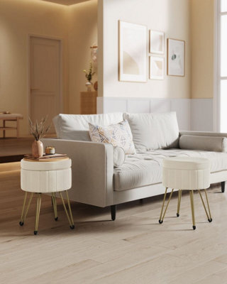 Round Ottoman, Velvet Storage Stool With Metal Legs, Suitable For Dressing Room, Living Room, Bedroom, Cream White - image 1