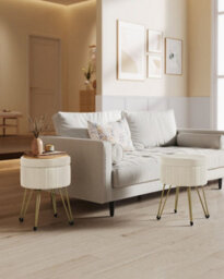 Round Ottoman, Velvet Storage Stool With Metal Legs, Suitable For Dressing Room, Living Room, Bedroom, Cream White - thumbnail 1
