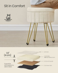 Round Ottoman, Velvet Storage Stool With Metal Legs, Suitable For Dressing Room, Living Room, Bedroom, Cream White - thumbnail 3
