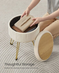 Round Ottoman, Velvet Storage Stool With Metal Legs, Suitable For Dressing Room, Living Room, Bedroom, Cream White - thumbnail 5