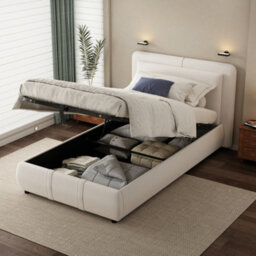 Matteo Beige Velvet Ottoman Storage Bed Frame - 3Ft Single Upholstered With Hydraulic Lift & Removable Headboard - thumbnail 1
