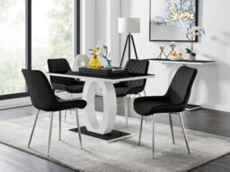 Furniturebox Giovani Rectangular 4 Seat White High Gloss Unique Halo Base Dining Table Black Glass Top 4 Black Velvet Silver Leg Pesaro Chairs