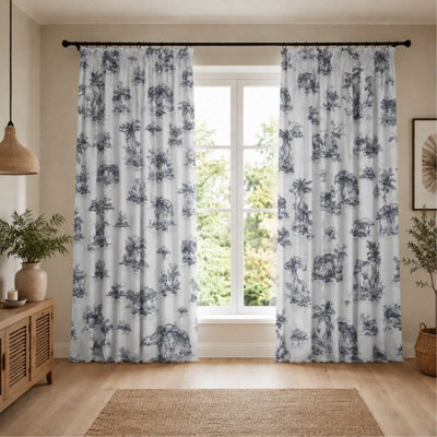 "Smart Living Safari Toile Curtains Pair With Tie Backs - African Wildlife Print- Grey - 66""x72""" - image 1