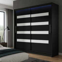 Bega Xi 180 Wardrobe With Sliding Doors Hanging Rail Shelves Black With White And Led Lights - thumbnail 1