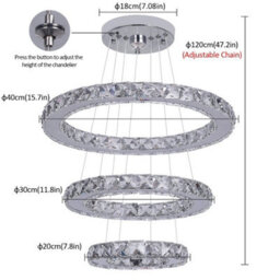 Crystal 3 Rings Chandelier Silver Led Ceiling Lights Pendant Warm White - thumbnail 4
