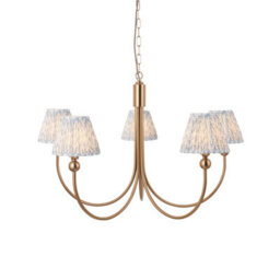 Loops Stunning 5-Light Pendant Ceiling Lamp In Brushed Aged Brass With Shell Bay Blue Shades