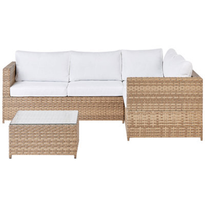 Beliani Garden Corner Sofa With Table 4 Seater Avola Left Hand Pe Rattan Off-White - image 1