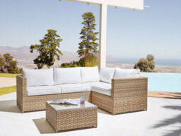 Beliani Garden Corner Sofa With Table 4 Seater Avola Left Hand Pe Rattan Off-White - thumbnail 2