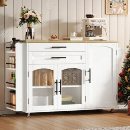 Btm Mobile Kitchen Island With Foldable Worktop, 5 Wheels, Storage Racks, Spice & Cutlery Drawers, 120X45X90Cm - thumbnail 8