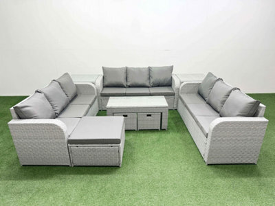 Fimous Pe Rattan Lounge Sofa Set 12 Seater Outdoor Garden Furniture Set Oblong Coffee Table 3 Stools 2 Side Table Light Grey - image 1
