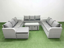 Fimous Pe Rattan Lounge Sofa Set 12 Seater Outdoor Garden Furniture Set Oblong Coffee Table 3 Stools 2 Side Table Light Grey - thumbnail 1