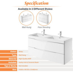 Plum&clay Eden Gloss White Wall Hung Vanity Unit With Ceramic Basin (W)1200mm - thumbnail 6