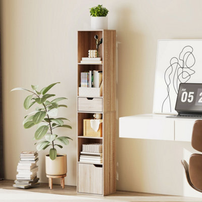 Homcom Narrow Bookshelf With Drawer, Tall Bookcase For Living Room, Natural - image 1